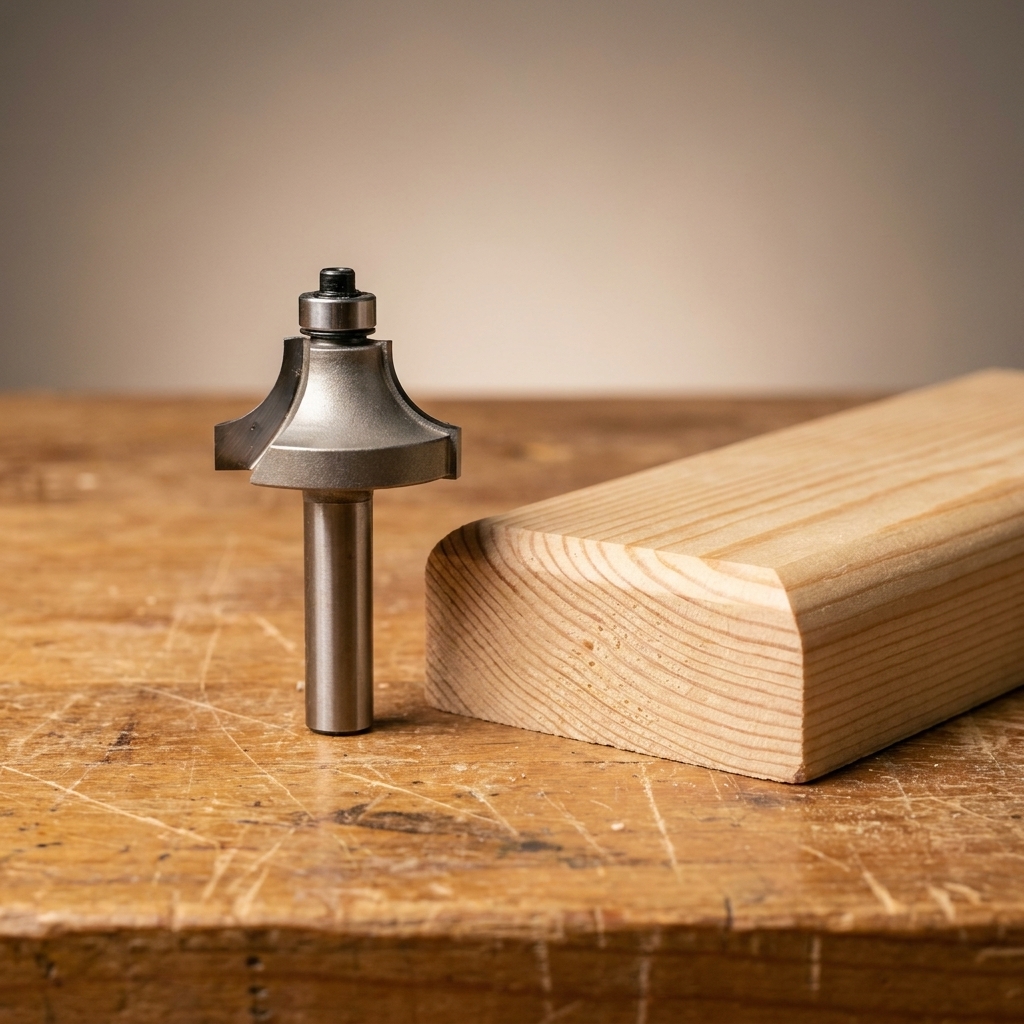 A 1/4-inch radius roundover router bit sitting upright on a workbench next to a scrap board with a smoothly rounded edge