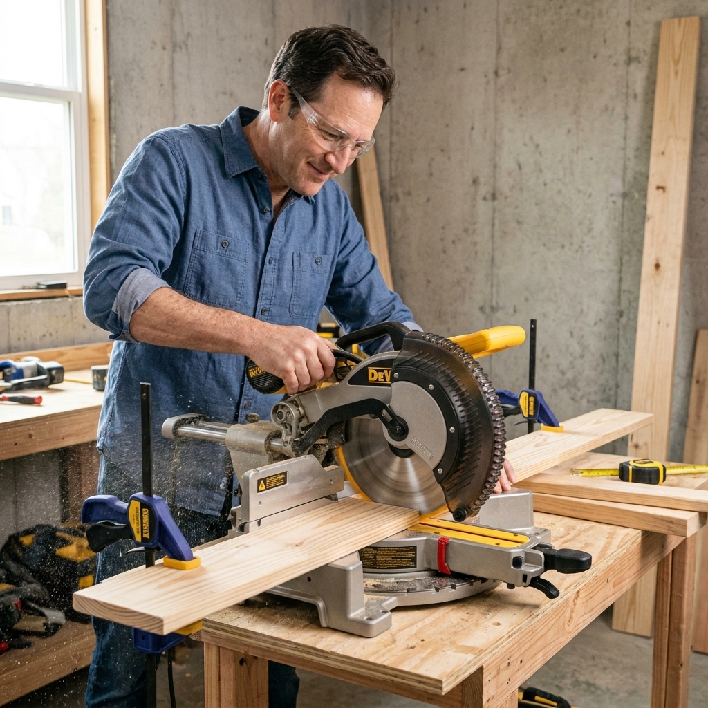 A 1x6 board clamped to a workbench while a person cuts it to length with a miter saw