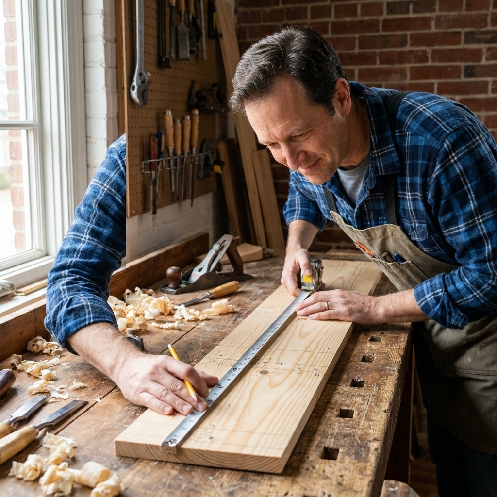A 1x6 pine board on a woodworking bench with pencil marks and a tape measure laid across it