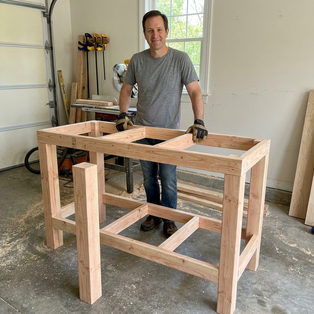 A 2x4 workbench base with the top frame, legs, and lower frame assembled