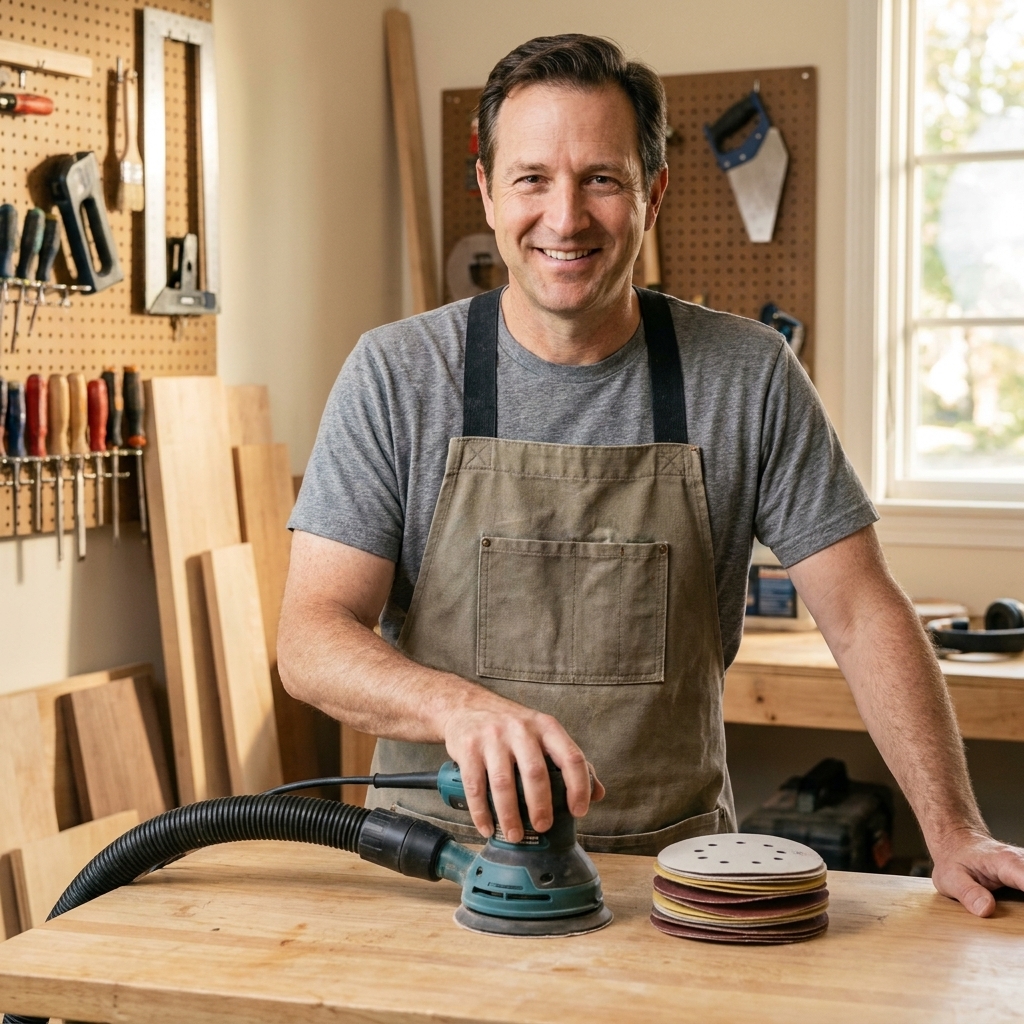 A 6-inch random orbital sander resting on a workbench beside a stack of sanding discs and a dust hose in a home workshop
