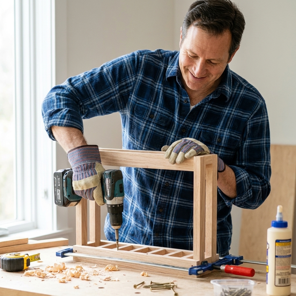 A beginner assembling a small wooden rack frame on a workbench using clamps and a cordless drill