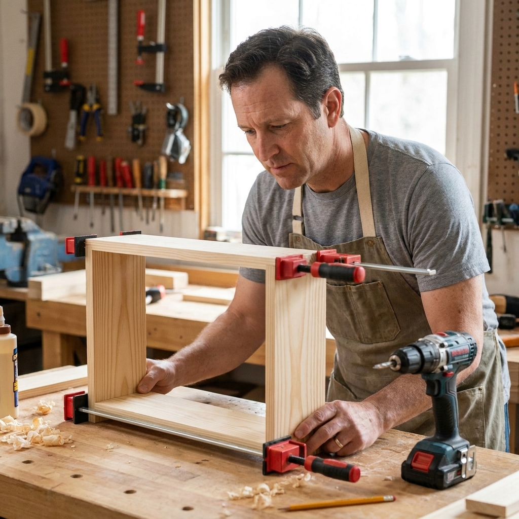 A beginner woodworker assembling a simple pine wall shelf on a workbench with clamps holding the boards square, a cordless drill nearby