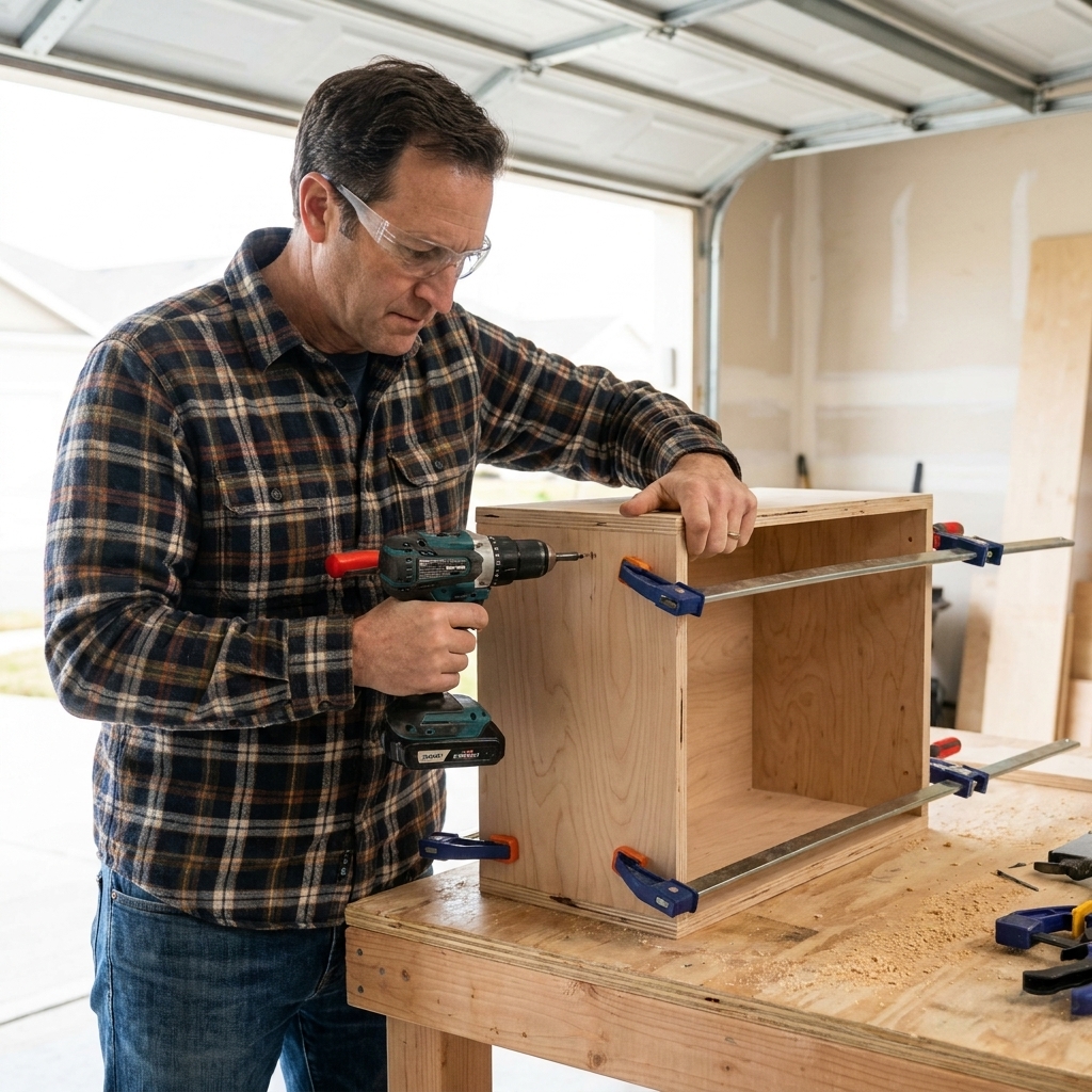 A beginner woodworker assembling a small plywood cabinet on a workbench with clamps and a cordless drill in a garage workshop