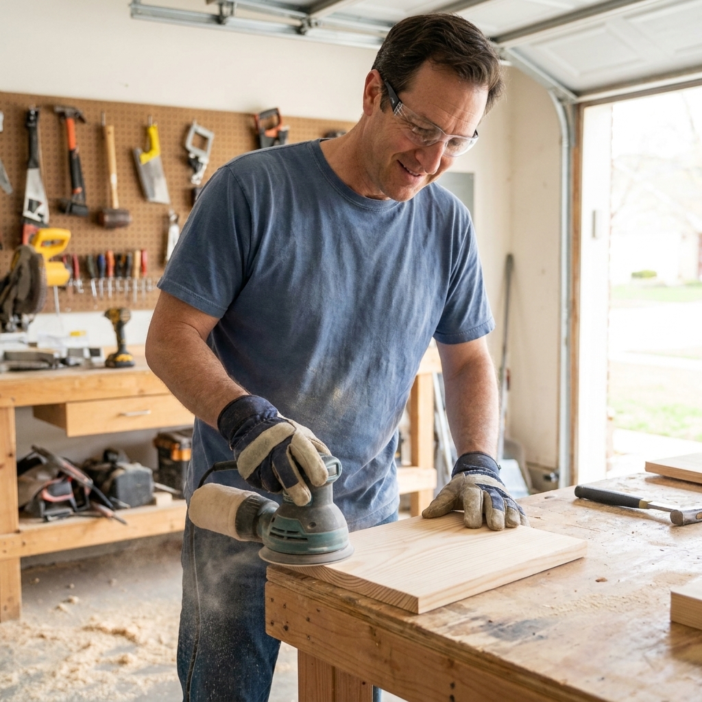 A beginner woodworker sanding a small pine board with a random orbit sander on a garage workbench