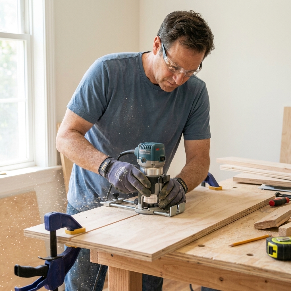 A beginner woodworker using a handheld router with an edge guide to cut a straight dado groove in a plywood cabinet side on a workbench