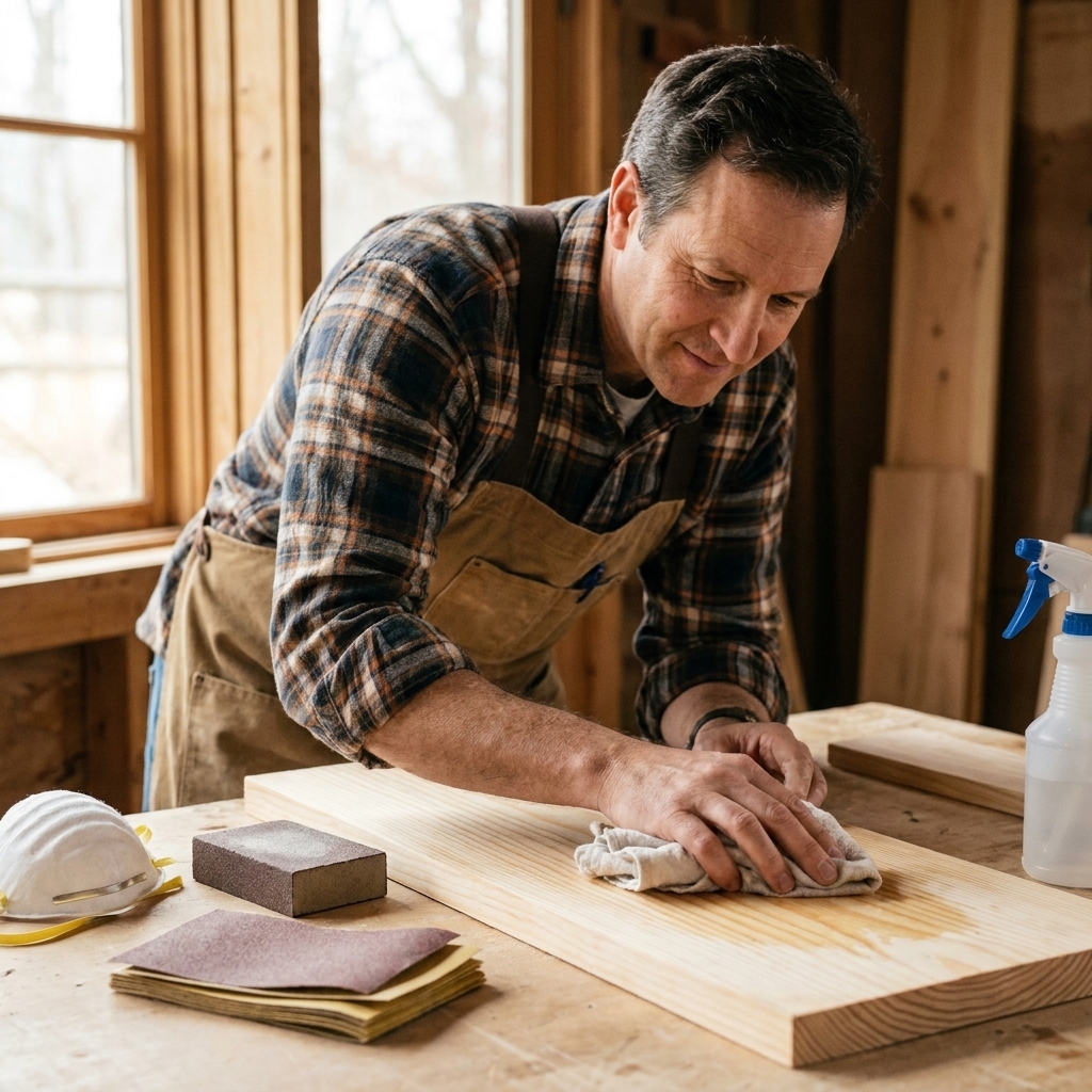 A beginner woodworker wiping clean water onto a sanded pine board on a workbench with a folded cloth, with sanding supplies nearby