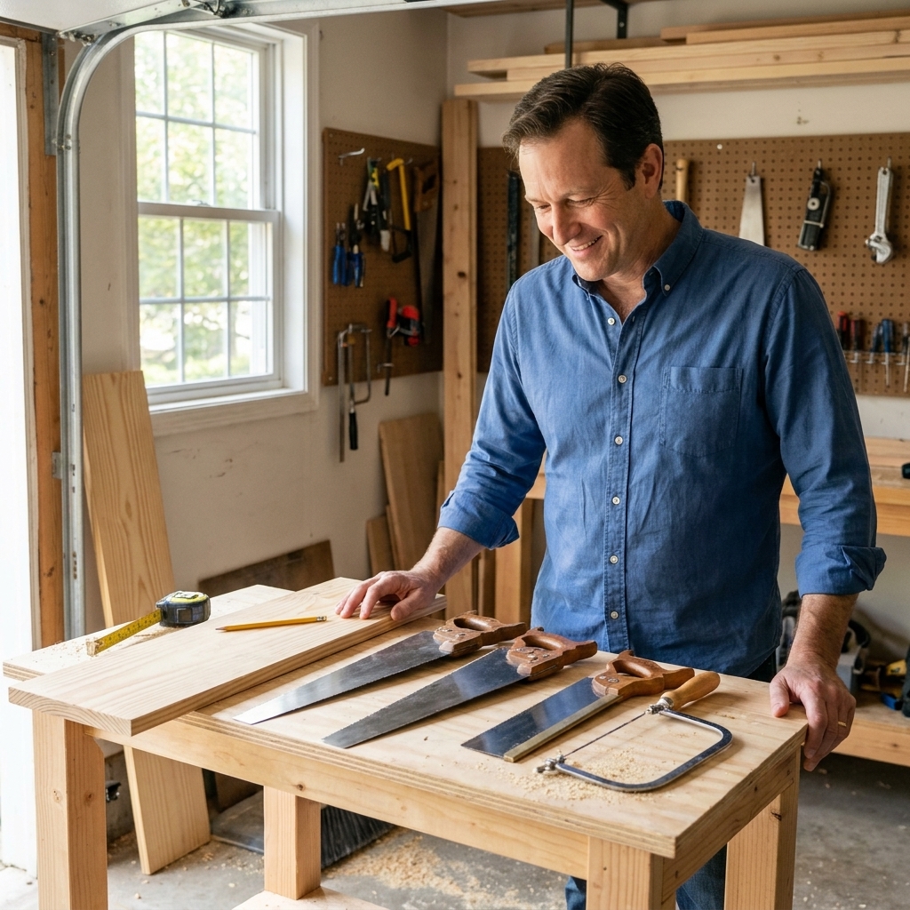 A beginner woodworking workbench with a few common hand saws laid out neatly next to a pine board and a tape measure, natural light in a garage shop