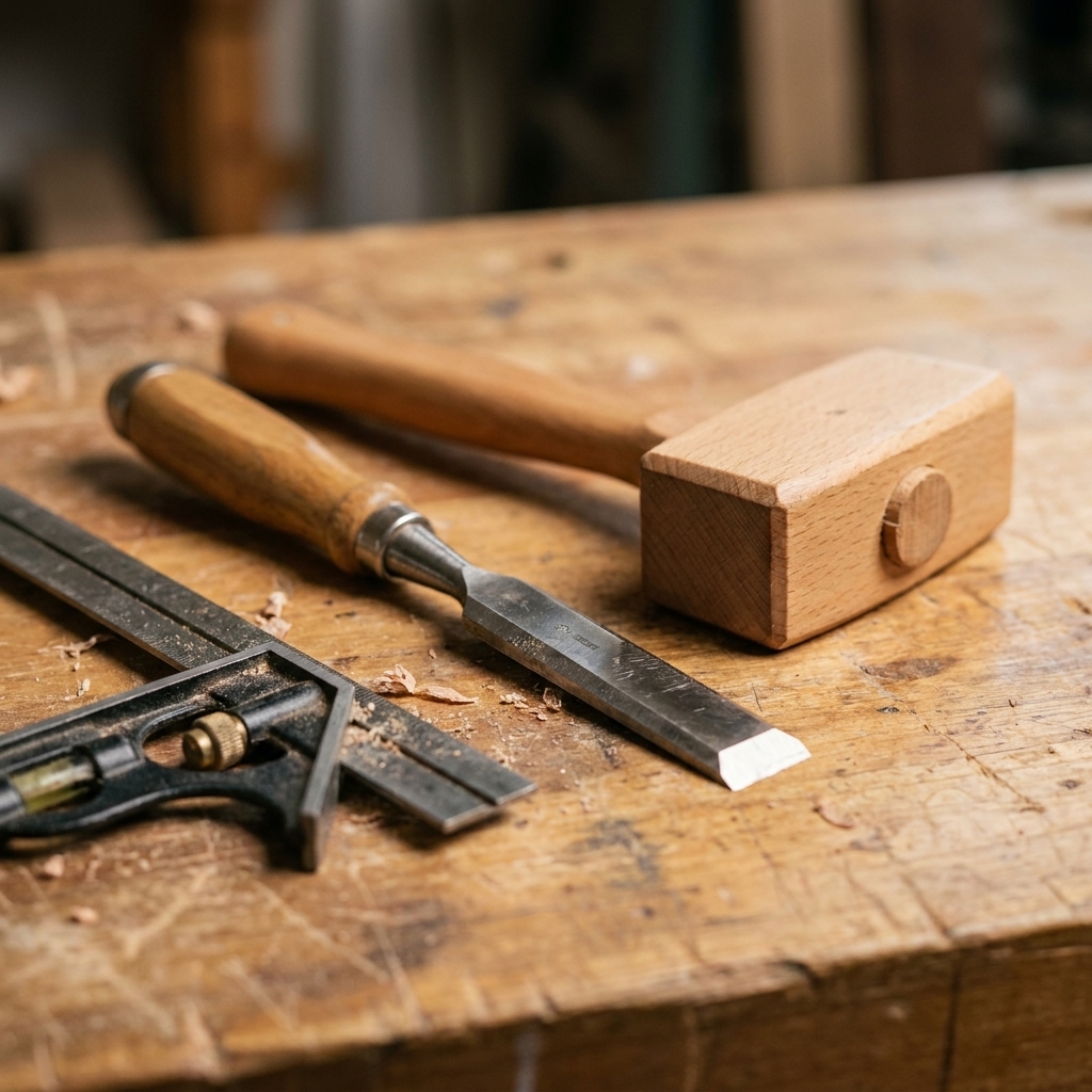A bevel-edge chisel and a small wooden mallet resting on a woodworking bench next to a combination square