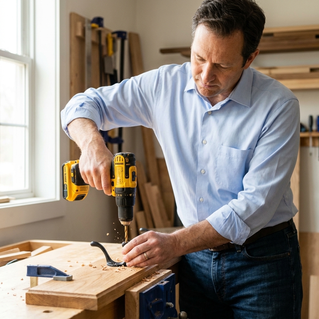 A black metal coat hook being screwed onto a finished wooden board using a cordless drill