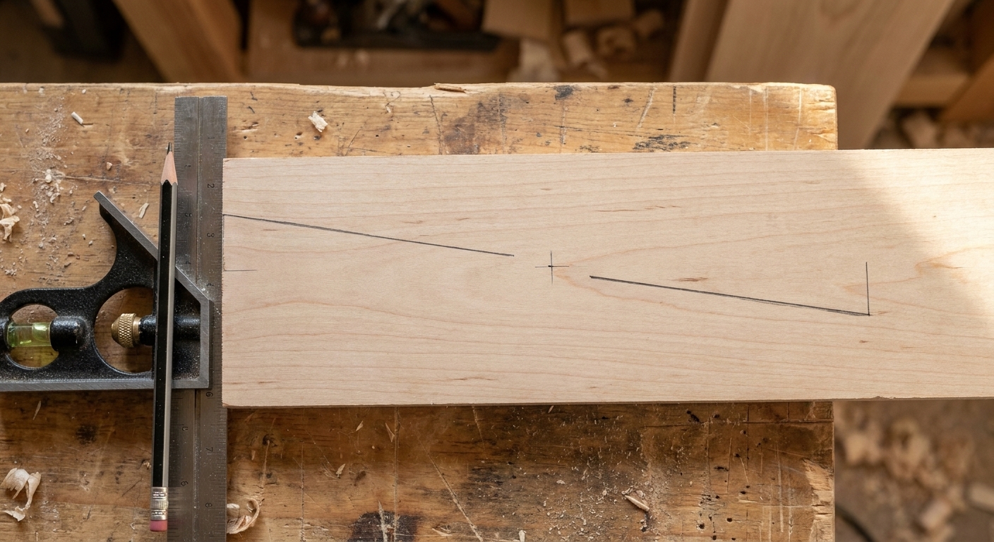 A board on a workbench with two short pencil lines struck from opposite edges using the same combination square setting, showing the true center as the midpoint between the lines