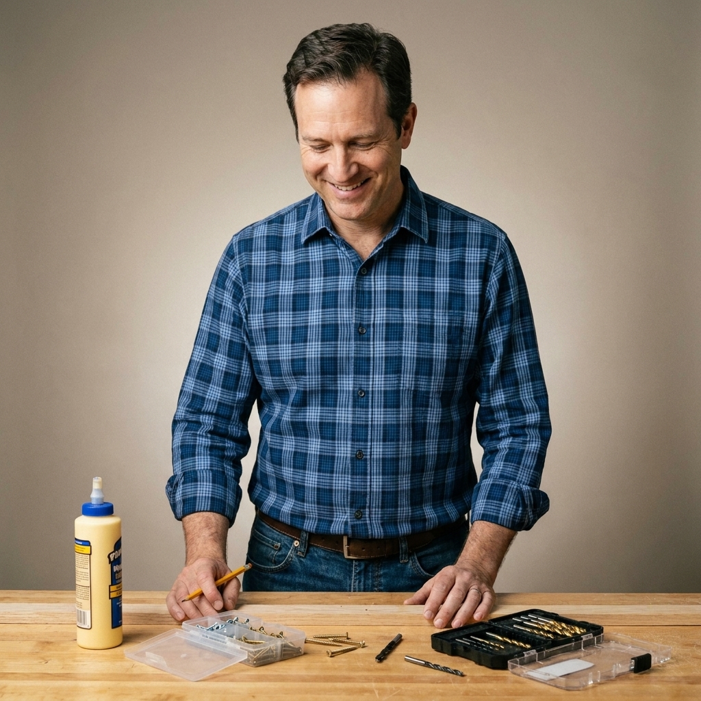 A bottle of wood glue, a small assortment of wood screws, and drill bits laid out on a wooden workbench ready for assembly
