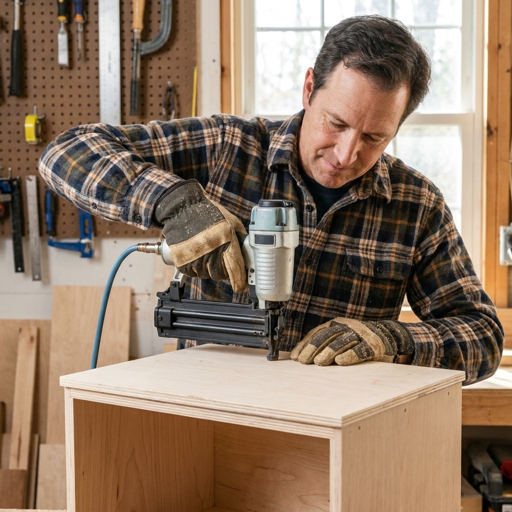 A brad nailer being used to fasten a thin plywood back panel onto a small cabinet frame in a workshop