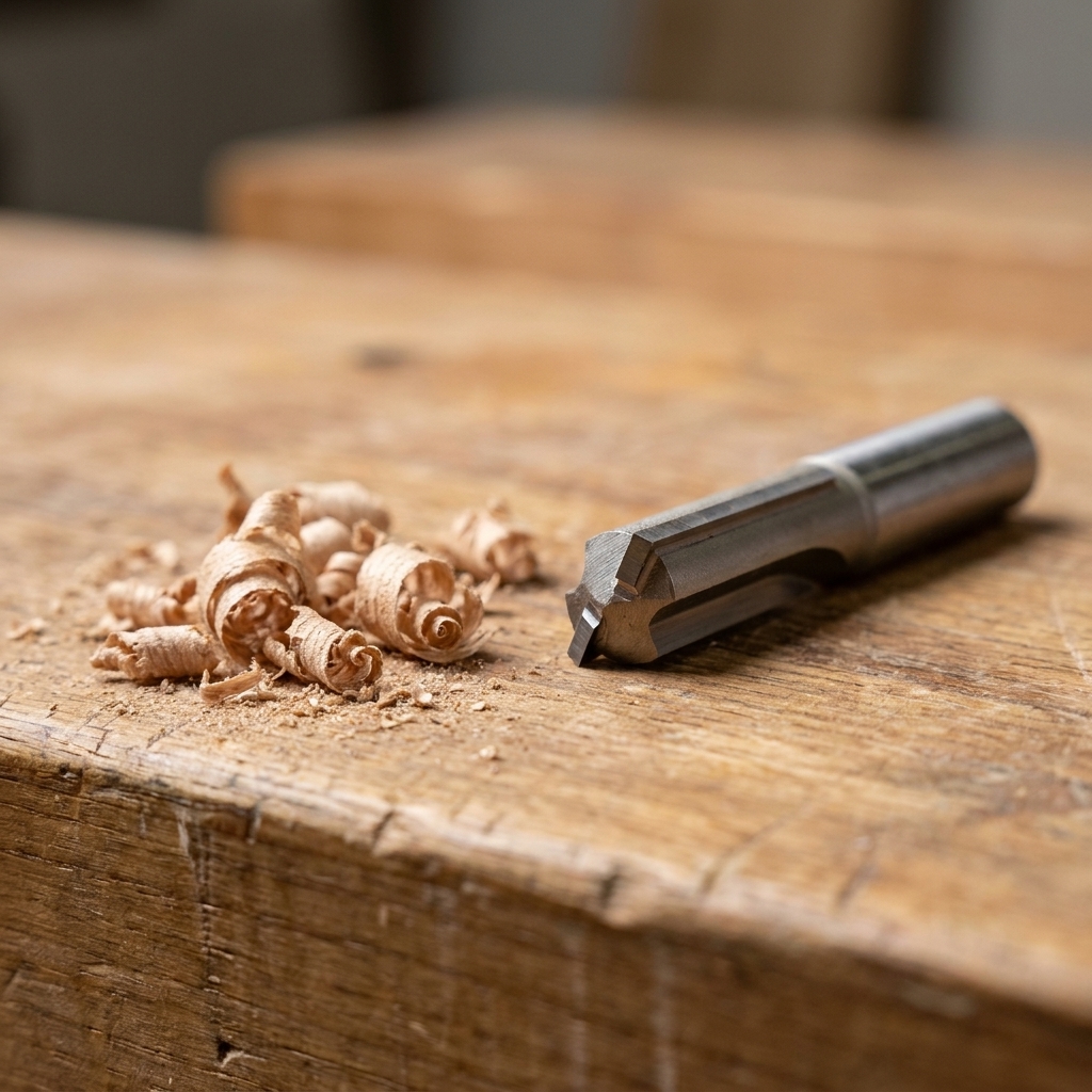 A carbide straight router bit on a wooden benchtop with a small pile of fresh wood shavings nearby