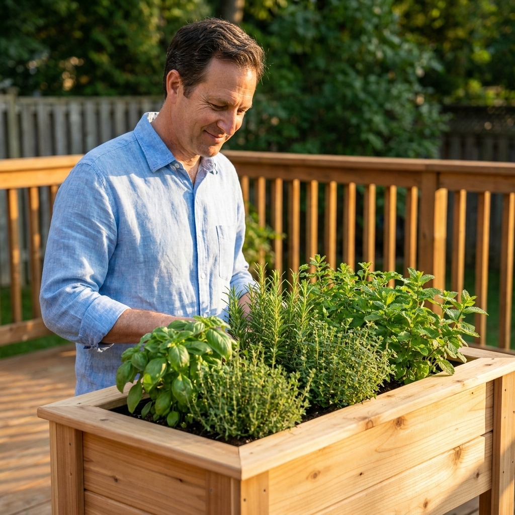 A cedar planter box filled with healthy green herbs on a backyard deck in afternoon light