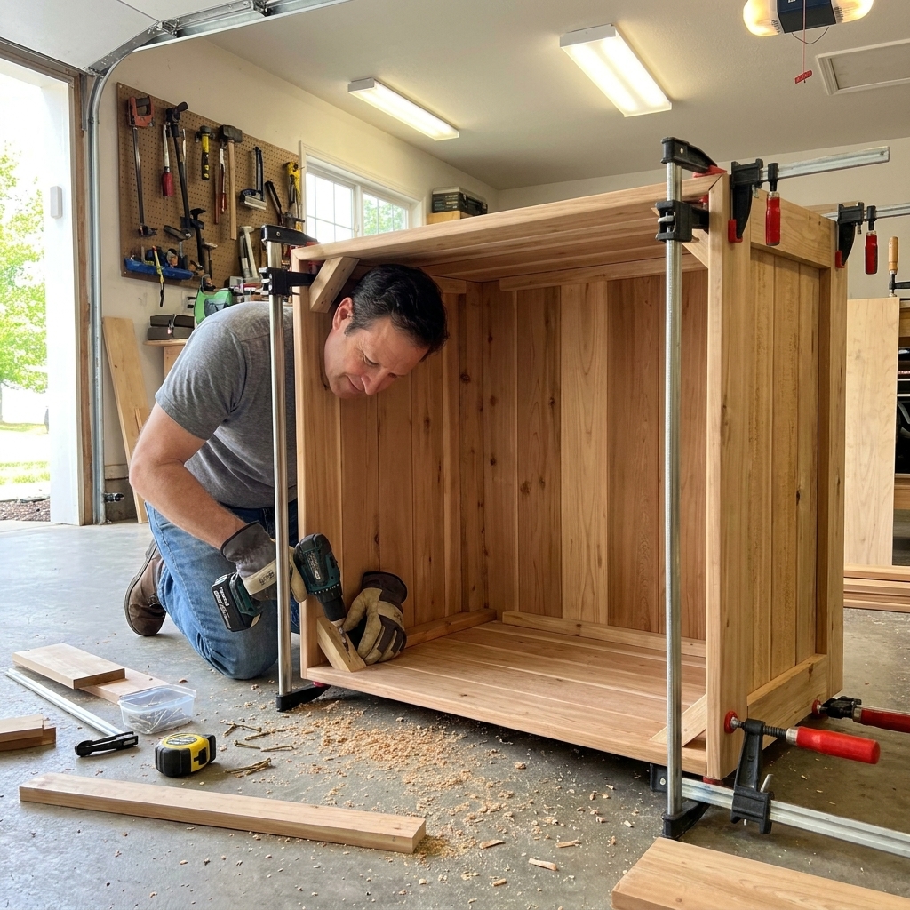 A cedar planter box frame being clamped square on a garage floor while screws are driven into the inside corner cleats