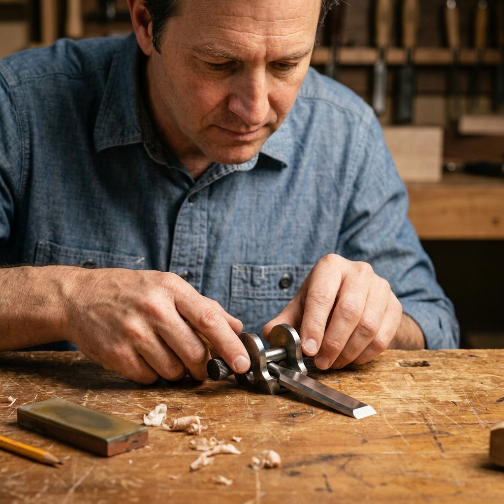 A chisel secured in a side-clamp honing guide with the bevel facing down, sitting on a wooden workbench under shop lighting