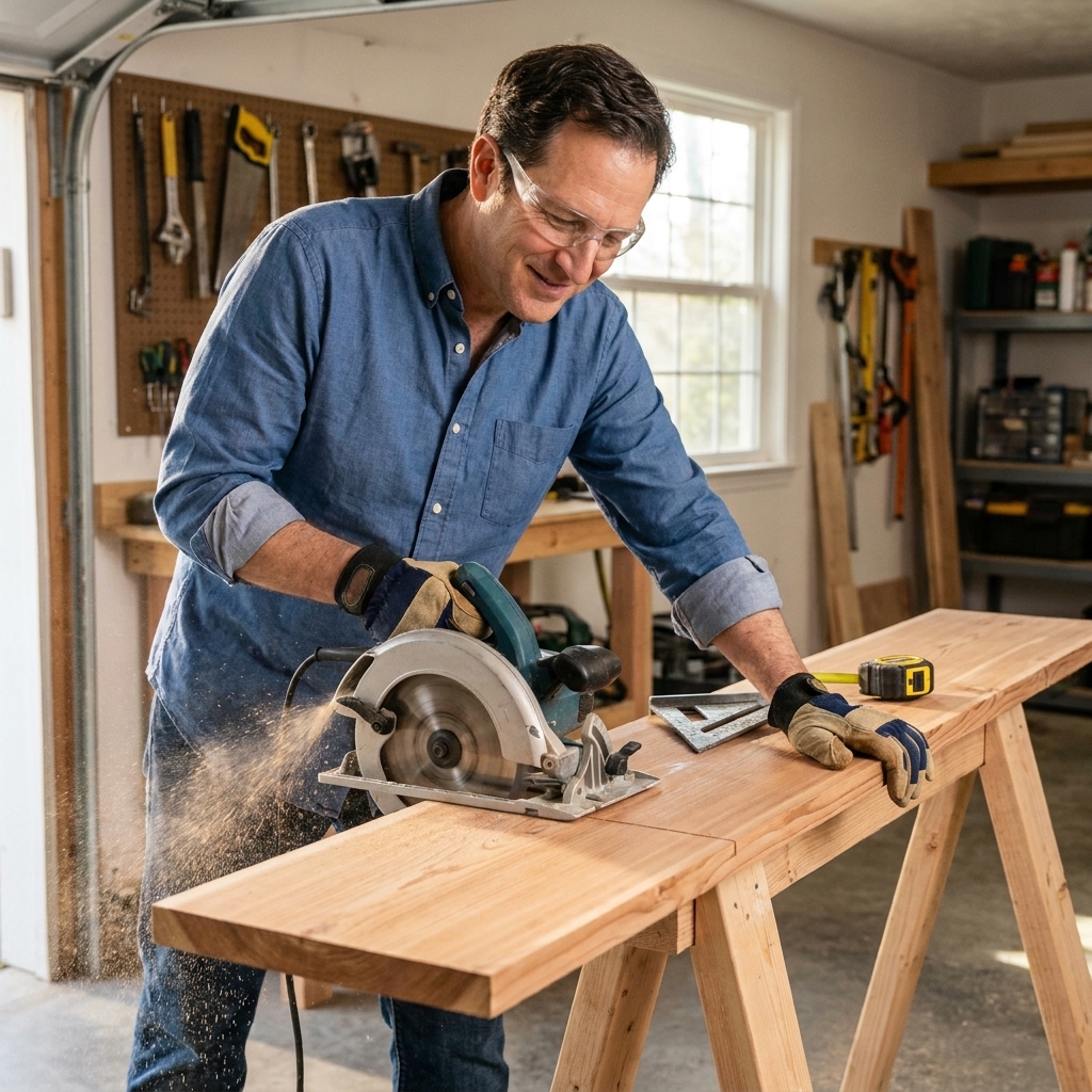A circular saw cutting a cedar board on sawhorses in a garage workshop, with a tape measure and square nearby