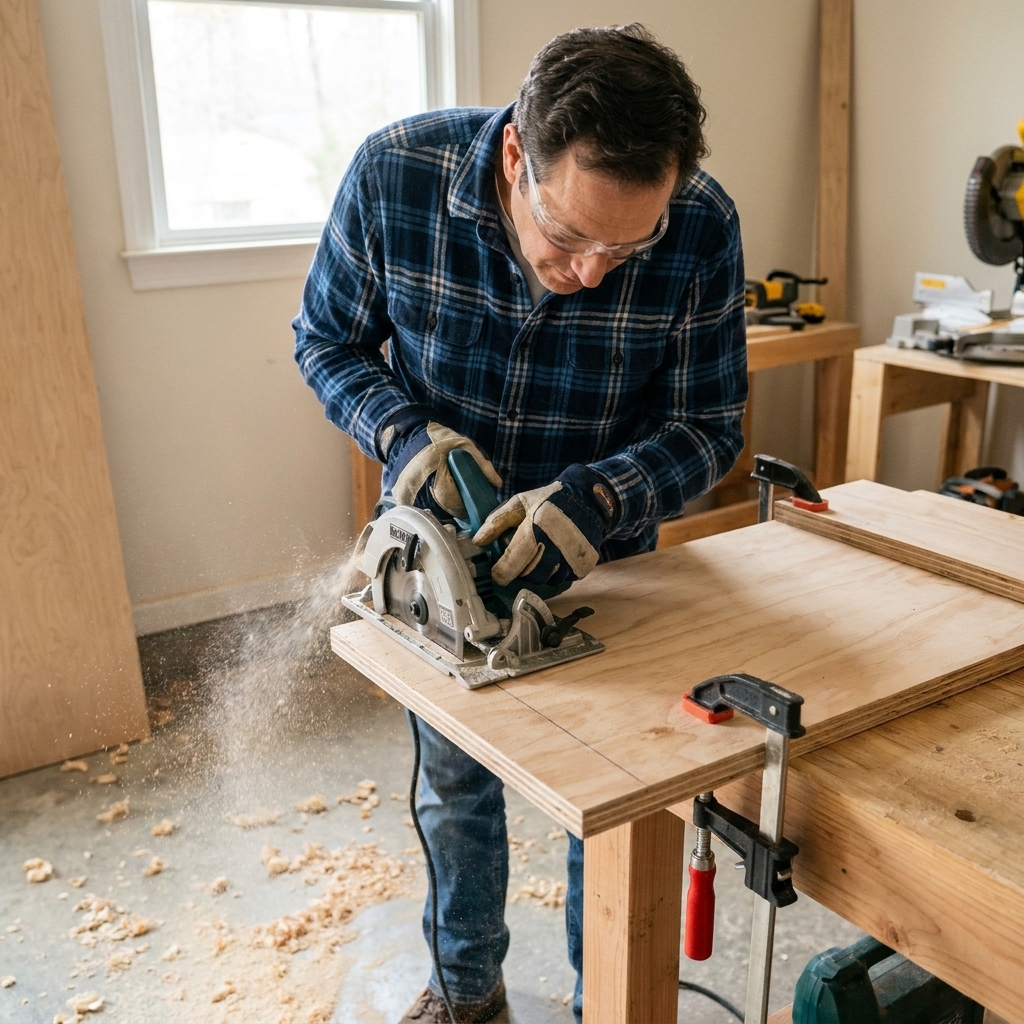 A circular saw cutting along a pencil line on a clamped 3/4 inch plywood panel on a work surface