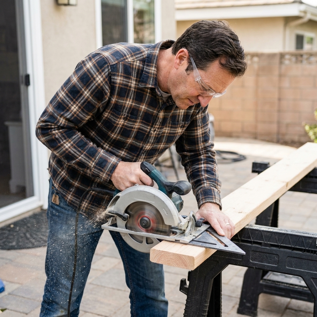A circular saw set up to cut a 2x4 on sawhorses with a speed square as a guide