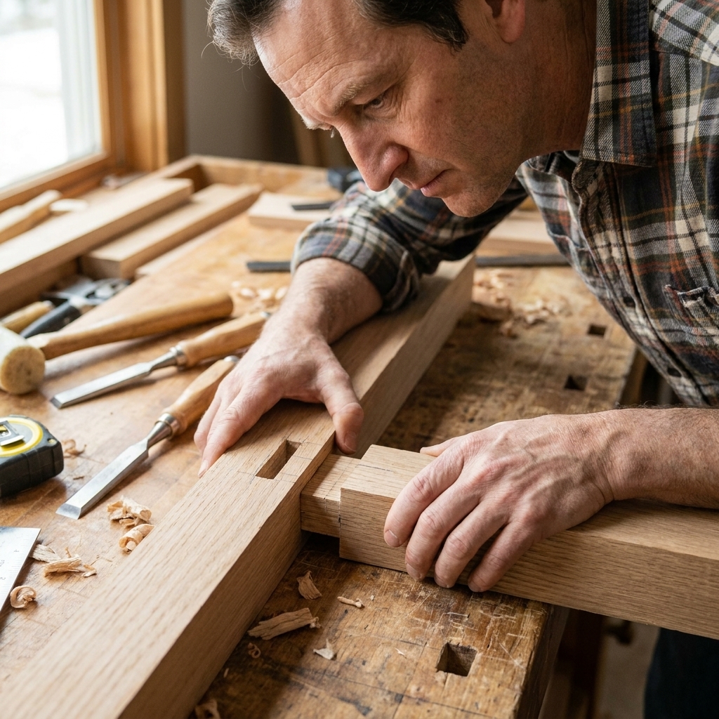 A close-up of a mortise and tenon joint being dry-fitted on a workbench, showing a snug tenon sliding into a clean mortise