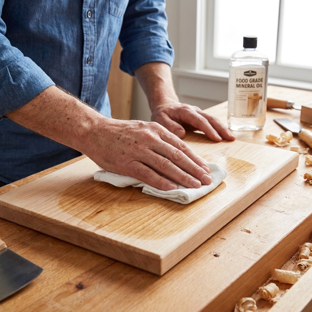 A close-up of hands rubbing mineral oil into a sanded wooden cutting board using a folded cotton cloth on a workbench