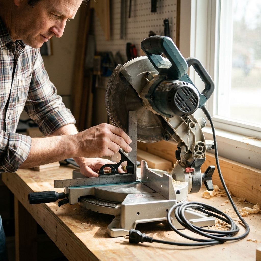 A close-up photo of a combination square held against a miter saw blade to check alignment, with the saw unplugged on a workbench