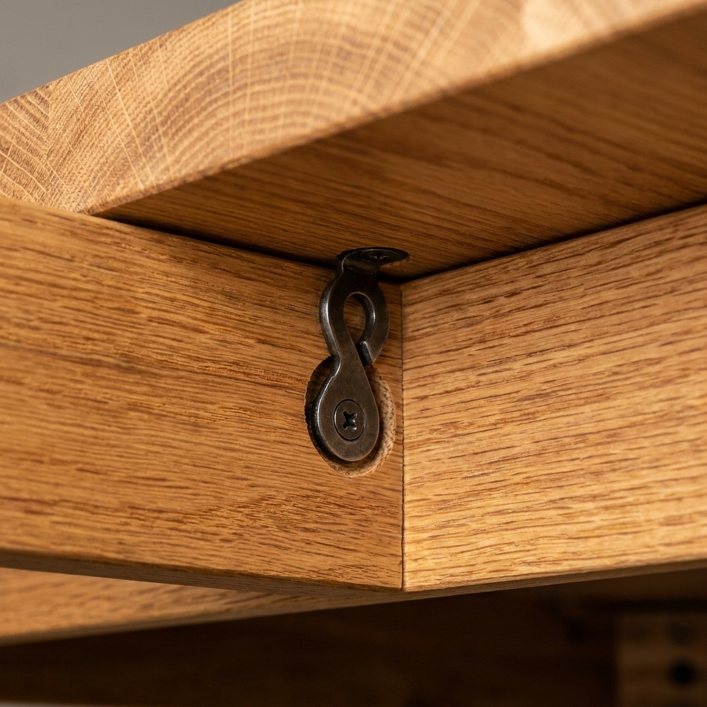 A close-up photo of a figure-8 tabletop fastener installed between a wooden apron and the underside of a solid wood tabletop