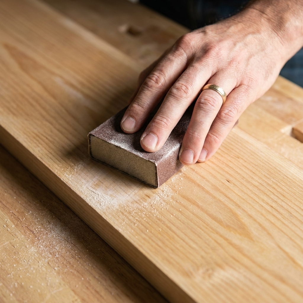 A close-up photo of a hand lightly sanding a dried polyurethane coat on a wooden board using 320 grit sandpaper on a sanding block