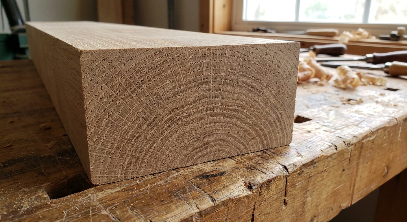 A close-up photo of the end grain of a hardwood board showing clear growth rings on a workbench