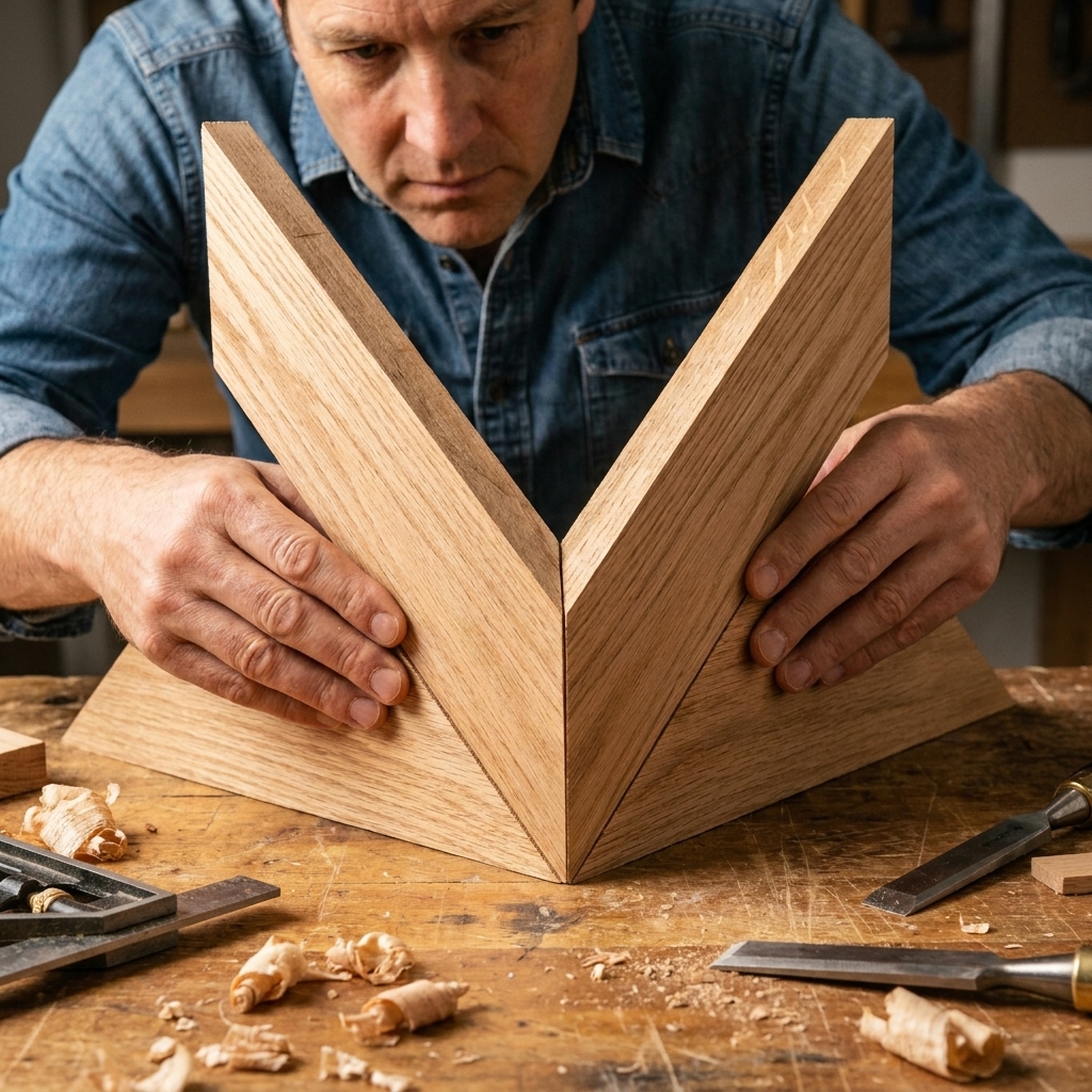A close-up photo of two mitered boards dry-fitted into a corner on a workbench, with the outside edges aligned and no glue visible