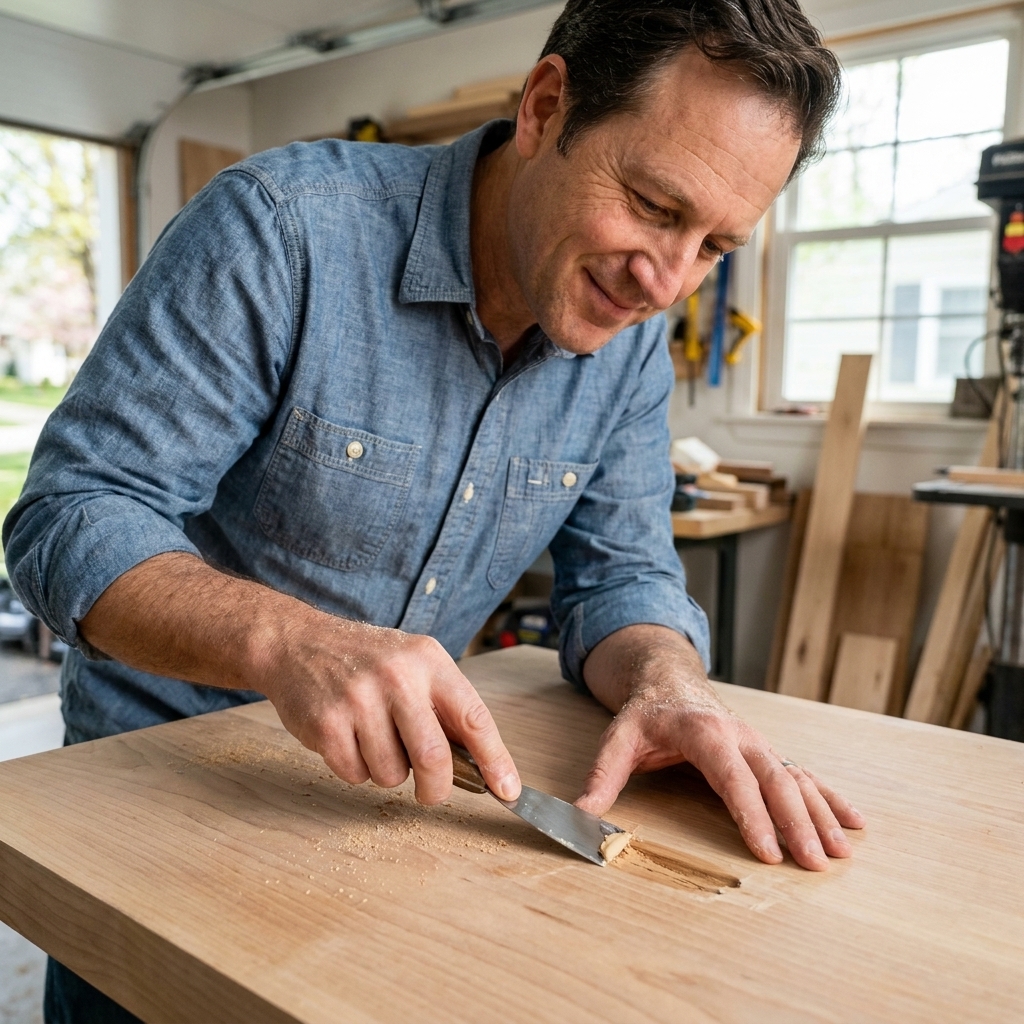 A close-up photograph of a person using a small putty knife to smooth wood filler across a shallow gouge on a bare wooden tabletop in a garage workshop