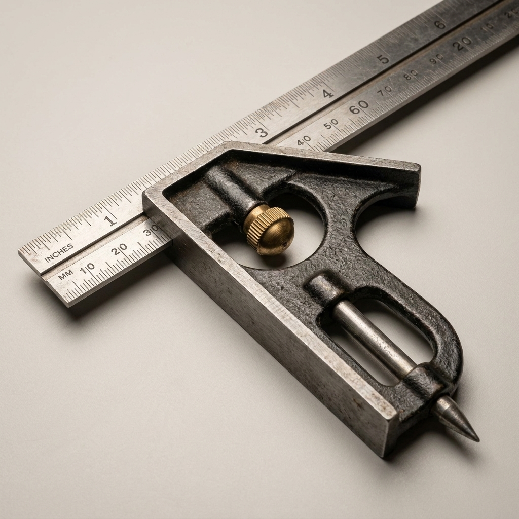 A close view of a combination square showing the head, steel rule, lock knob, and scribe stored in the handle