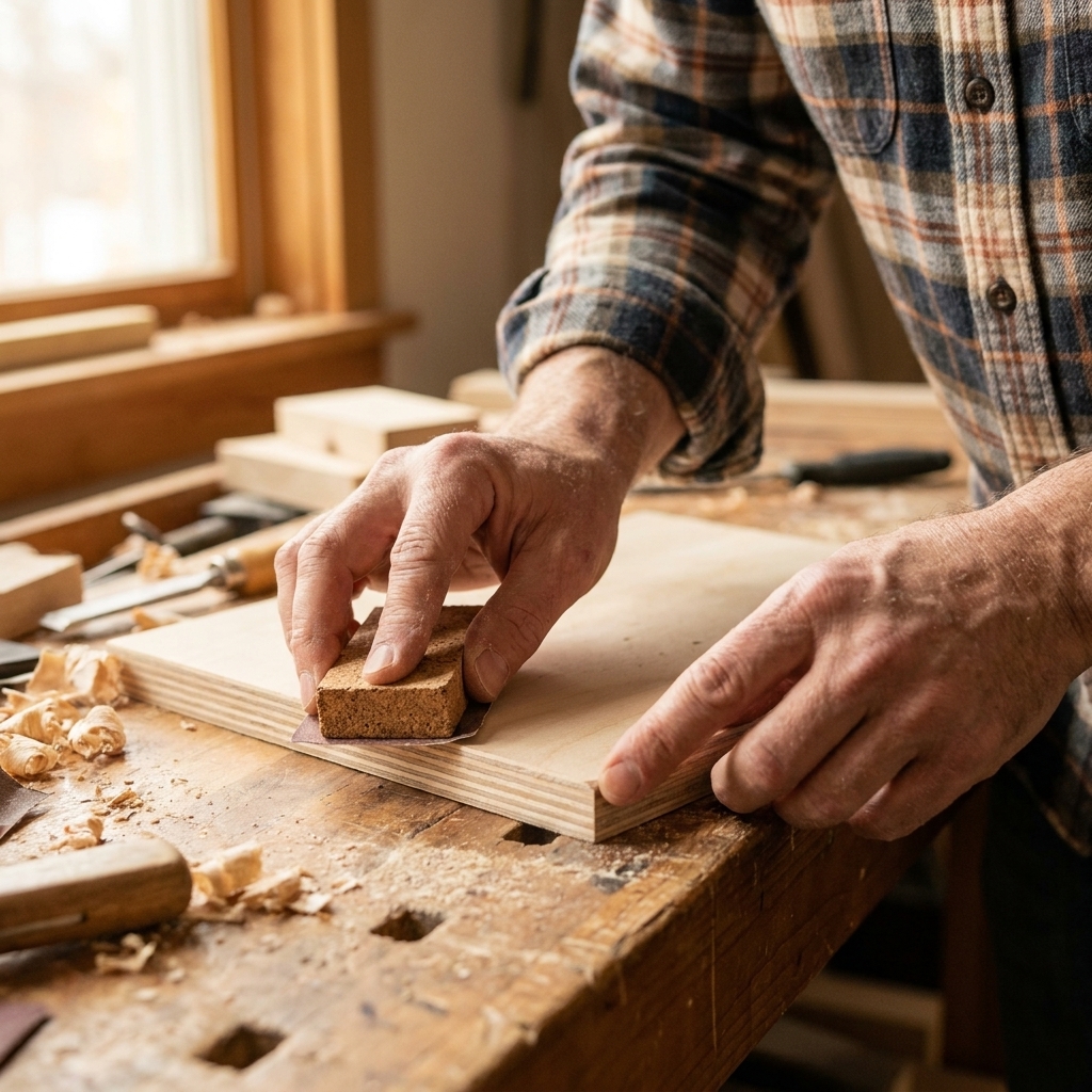 A close view of hands using a small sanding block to lightly soften the sharp edge of a plywood panel on a workbench