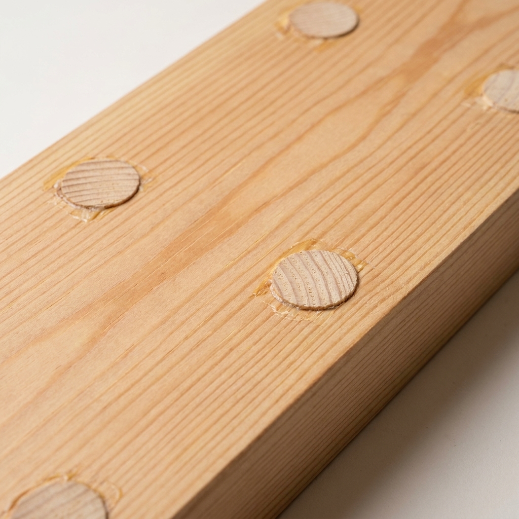 A close view of pocket hole plugs glued into a board and sanded nearly flush, showing the grain difference between plug and surrounding wood