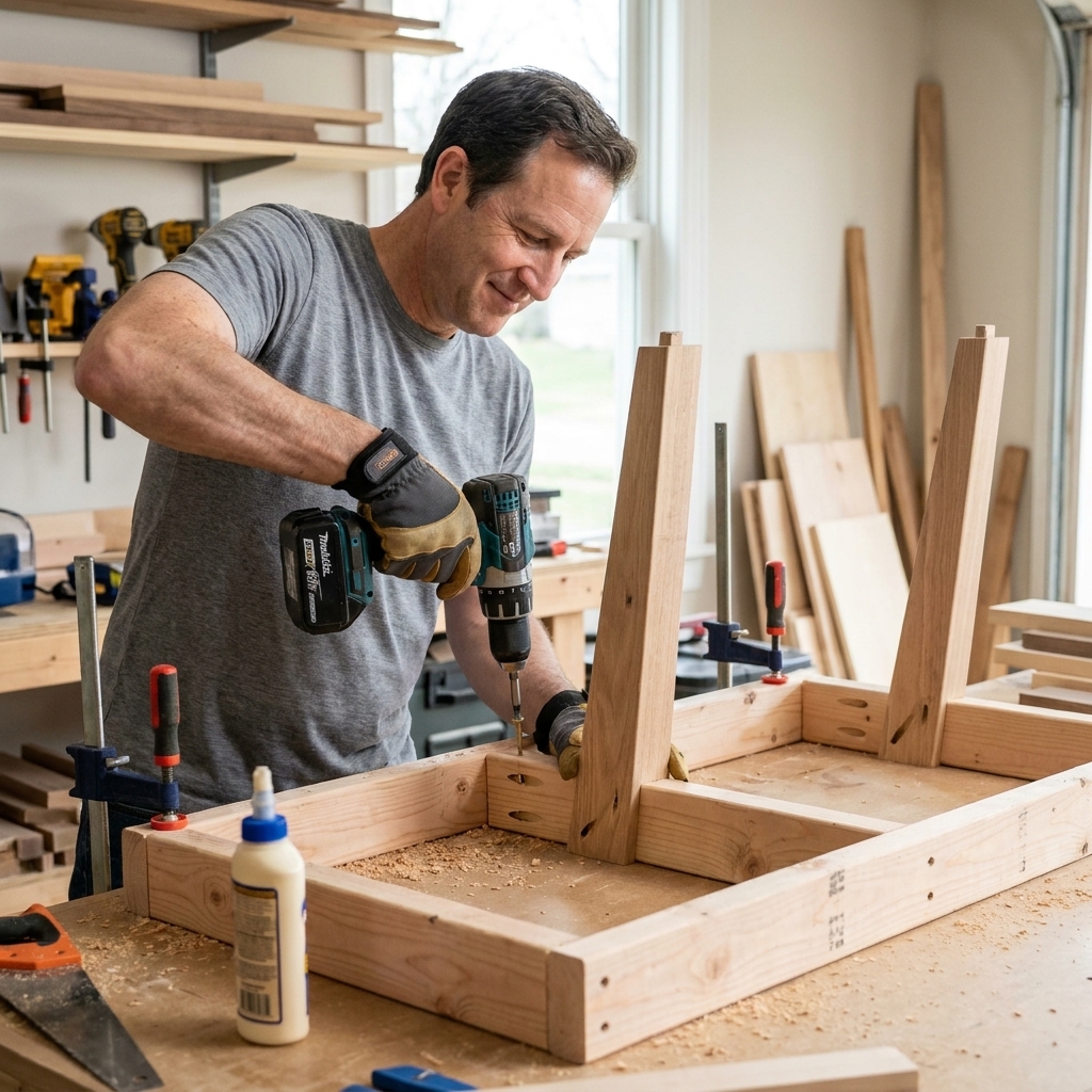 A coffee table leg clamped inside a 2x4 frame while pocket-hole screws are driven through the apron into the leg