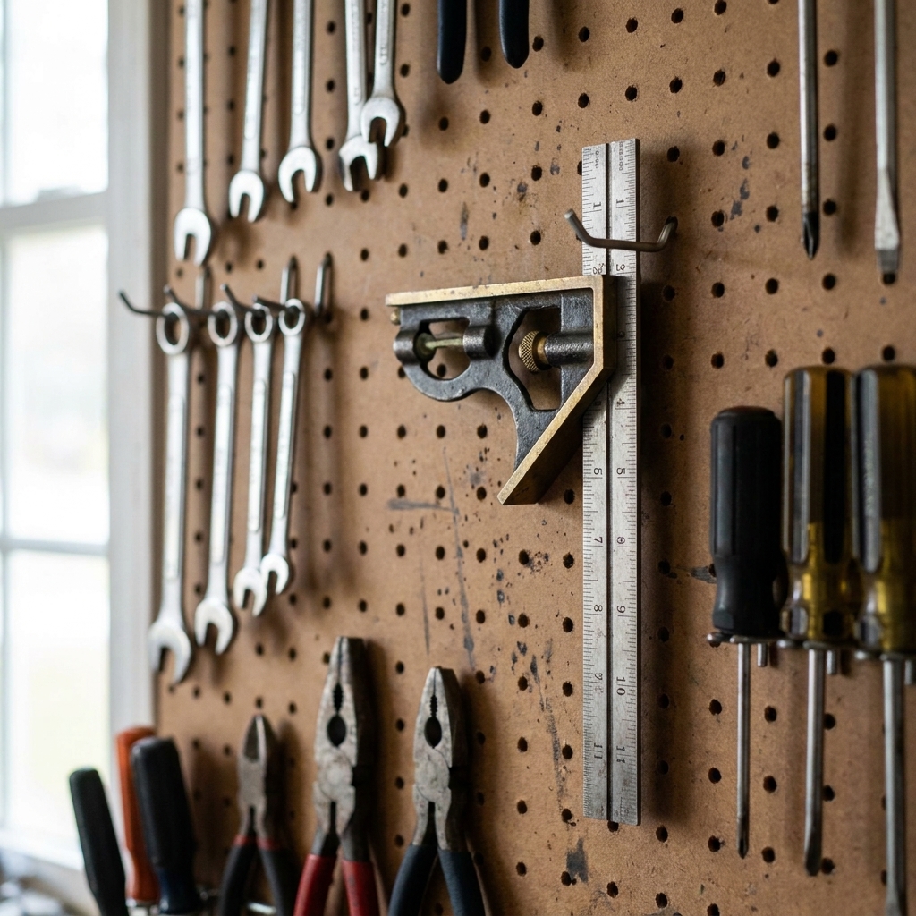 A combination square hanging on a pegboard wall in a garage workshop with other hand tools nearby