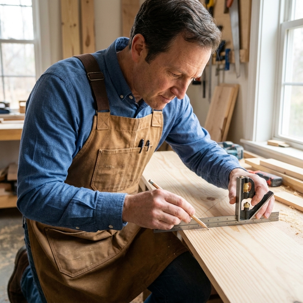 A combination square held on a board edge using the 45-degree face while a pencil marks a miter line across the board