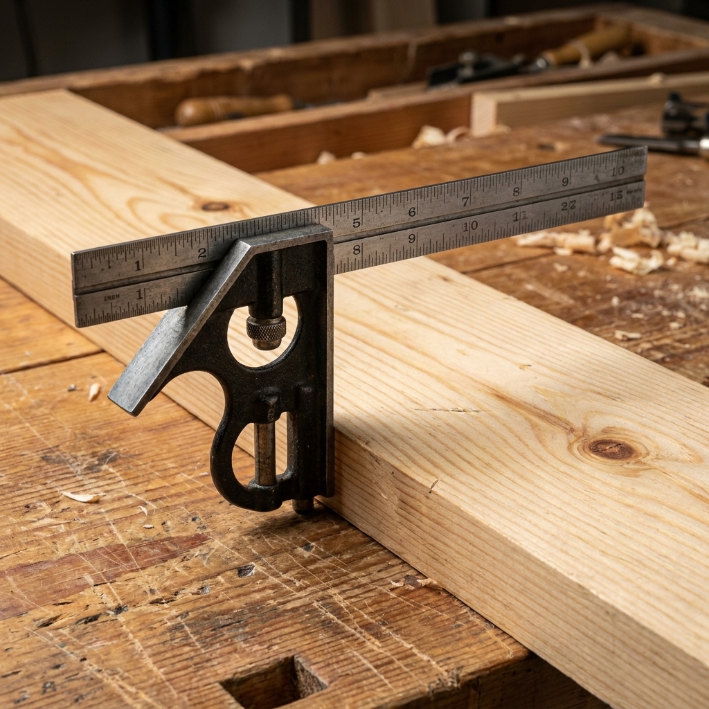 A combination square resting on a pine board on a workbench, with the steel rule extended and the head registered against the board edge