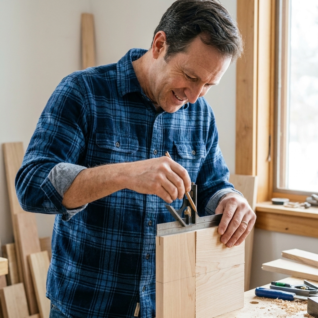 A combination square set to half the board thickness while a pencil draws a depth line across the lap area