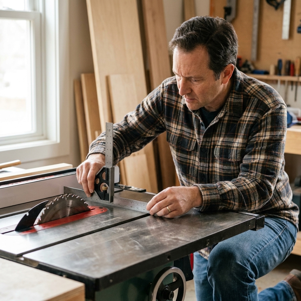 A combination square sitting on a table saw top with the rule touching the highest point of a saw blade tooth to set blade height
