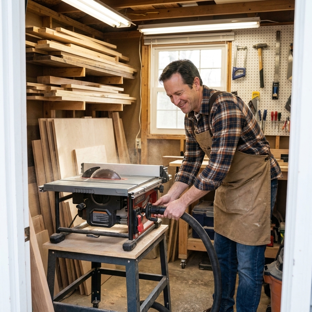 A compact table saw on a rolling stand in a small workshop with boards stacked nearby and a shop vacuum attached for dust collection.