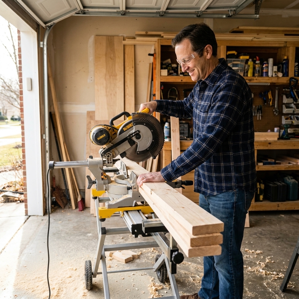 A compound miter saw mounted on a stand in a garage shop with several 2x4 boards set up for crosscutting.