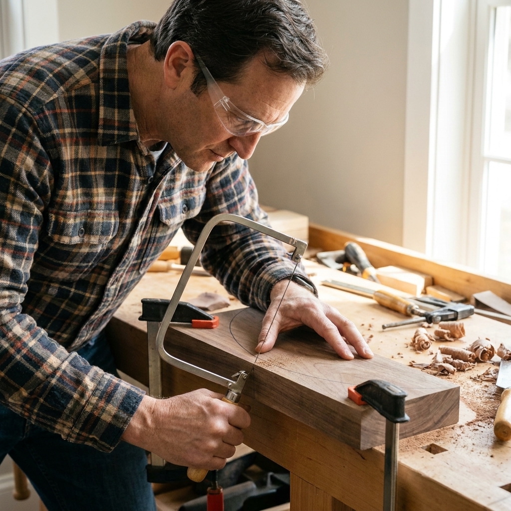 A coping saw mid-cut following a curved pencil line on a thin hardwood board clamped to a workbench