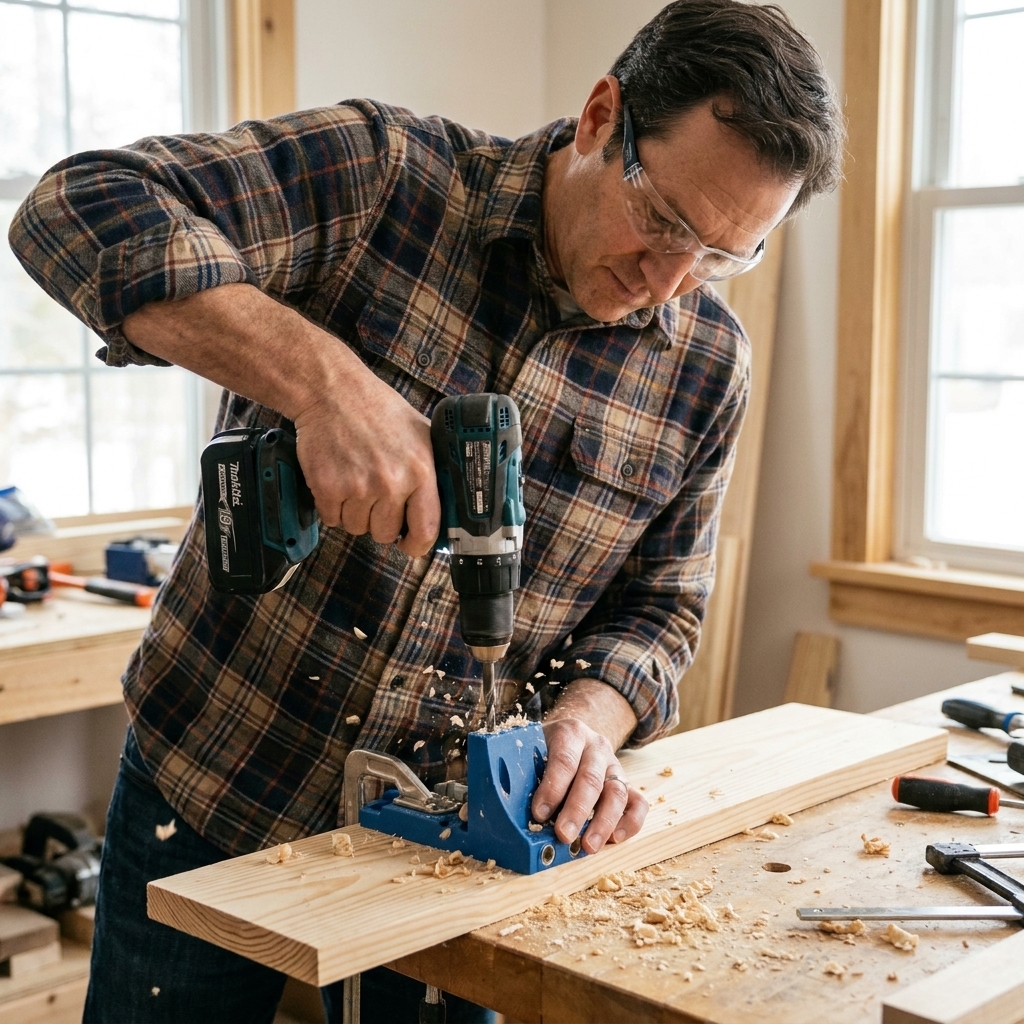A cordless drill boring a hole into a pocket-hole jig clamped to a pine board on a workbench