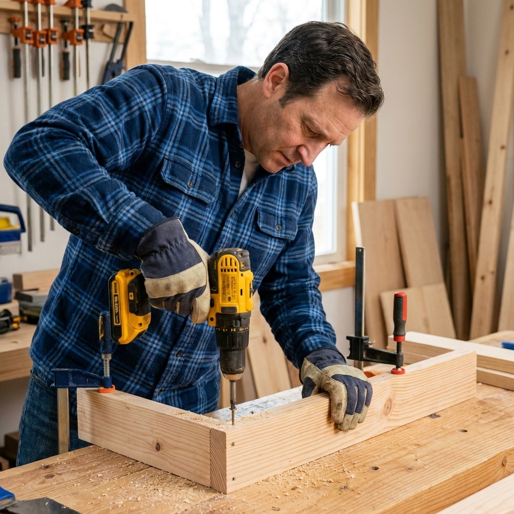 A cordless drill driving a wood screw through a pre-drilled hole into a pine stretcher while the parts are clamped square on a workbench