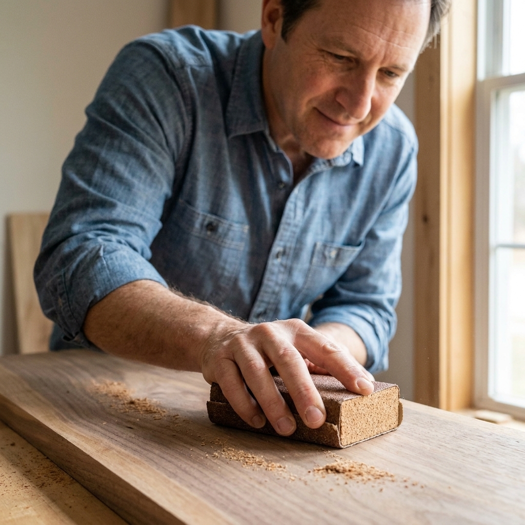 A cork sanding block wrapped with sandpaper being used along the grain on a hardwood board