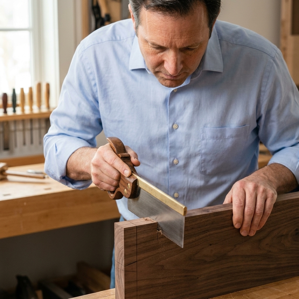 A dovetail backsaw starting a precise cut at the end of a hardwood board, with a marking gauge line visible near the edge