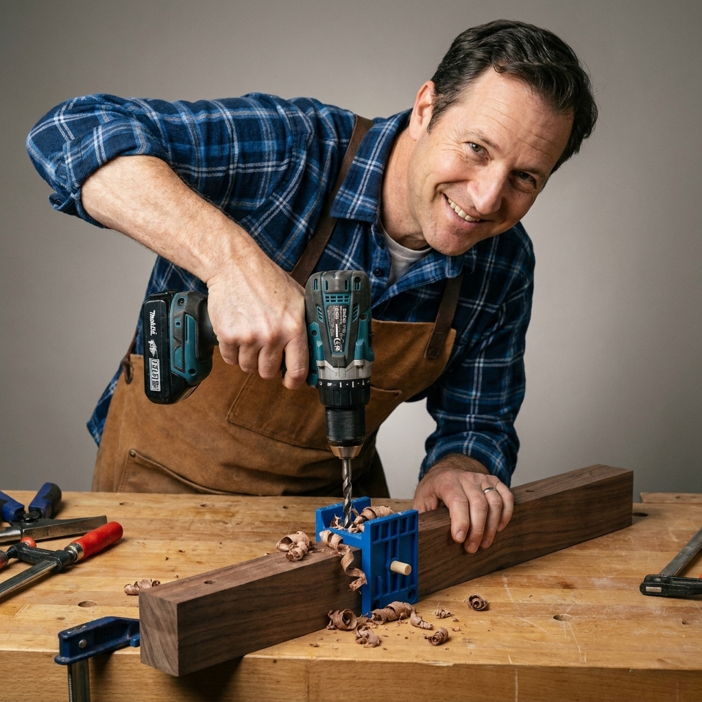 A dowel jig clamped onto a hardwood board while a drill bores a precise dowel hole on a workbench