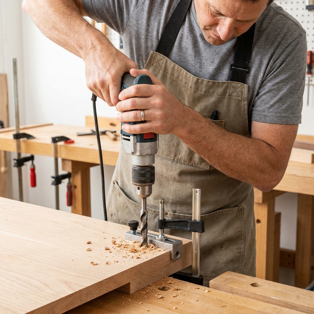 A dowel jig clamped to the edge of a hardwood board while a drill bit bores a dowel hole straight and centered